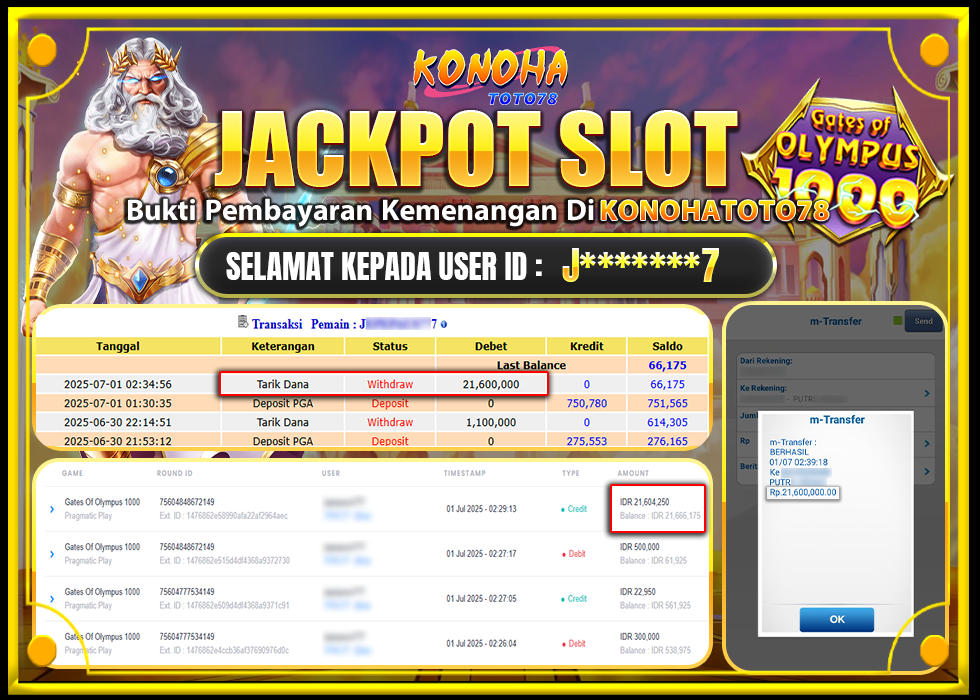 KONOHATOTO78 JACKPOT GATES OF OLYMPUS 1000 Rp.21.600.000,- LUNAS